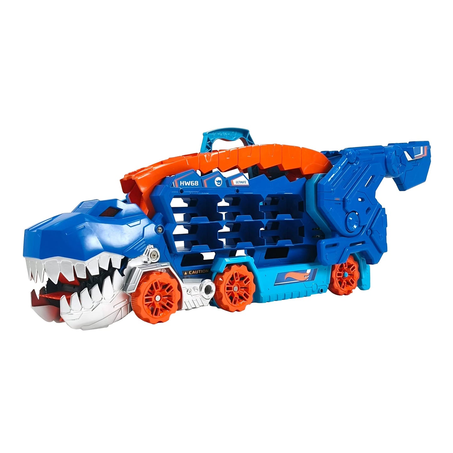 Hot Wheels City Toy Car Track Set, Ultimate T-Rex Transporter, Hauler Transforms into Stomping Dino with Race Track, from Netflix Series “Let’s Race”