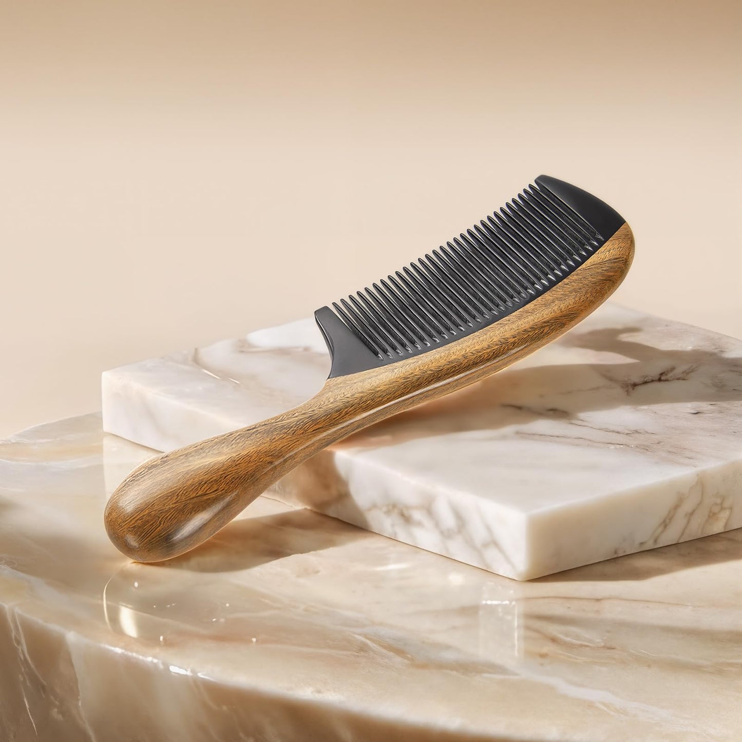 Onedor Handmade Buffalo Horn and Sandalwood Hair Combs - Anti-Static Natural Scent Wooden Detangler (Fine Tooth)