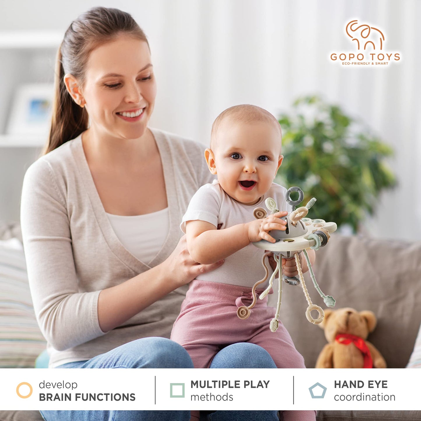 GOPO TOYS Baby Airplane Toy – Montessori Silicone Pull String Fidget for Toddlers 18M+ – Teething & Sensory Travel Toy for Car, Plane & Stroller