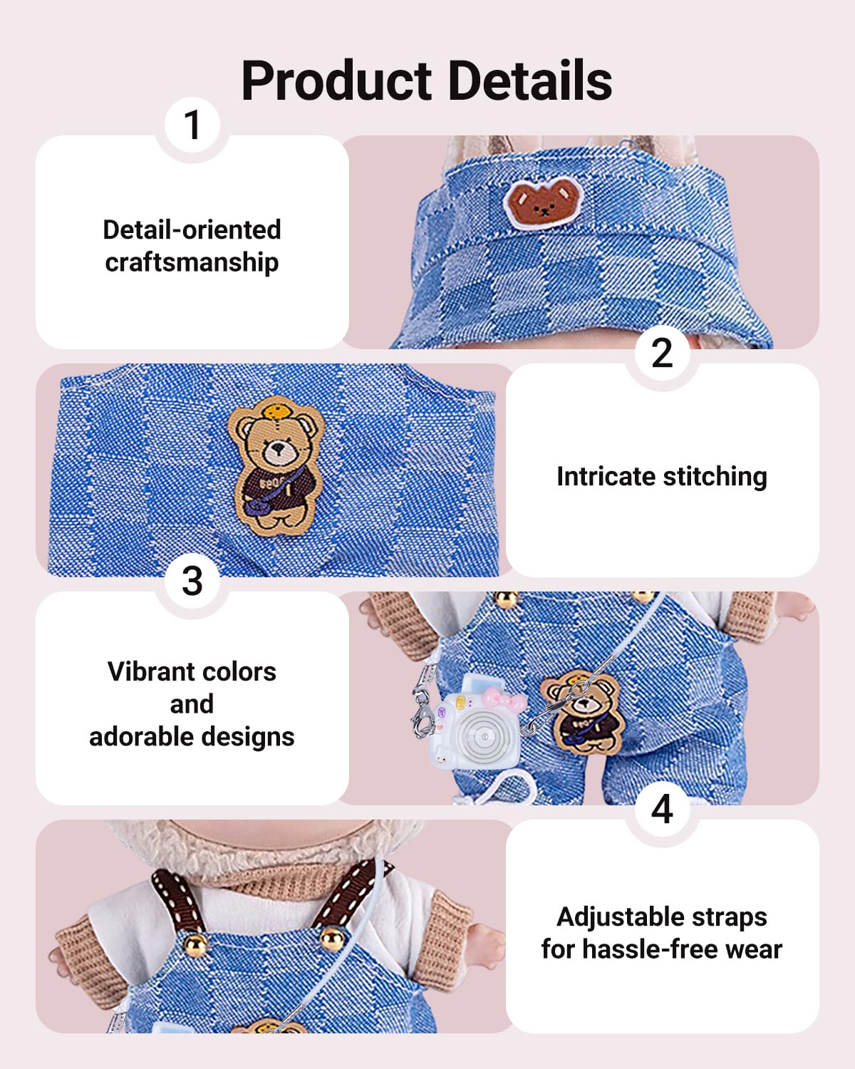 4pcs Handcrafted Doll Clothes for 15-17cm Labubu Dolls – Cute Blue Overalls Outfit Set, Stylish Accessories for Boys & Girls AK053BL