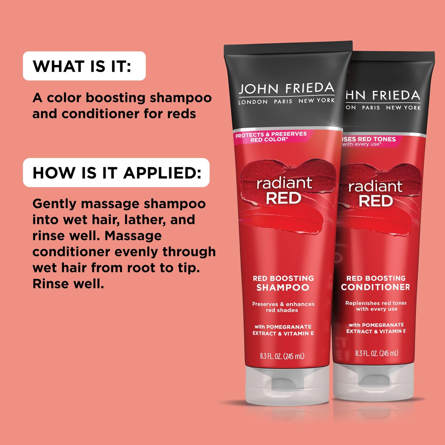 John Frieda Radiant Red Shampoo & Conditioner Bundle, Enhancing Shampoo & Conditioner, Helps Enhance Shades, with Pomegranate and Vitamin E