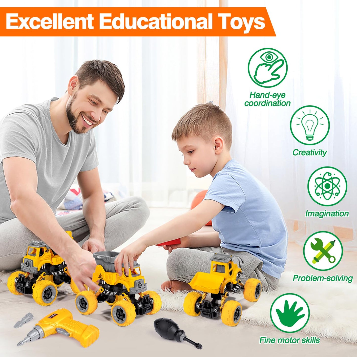 LUDILO 4PCS Take Apart Toys with Electric Drill – DIY Construction Trucks for Kids 3-8, STEM Learning, Educational Gift for Boys & Girls