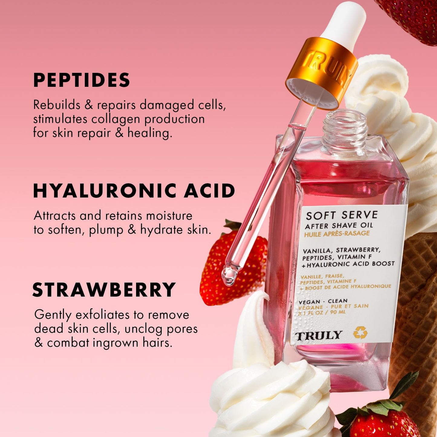 Truly Beauty Soft Serve After Shave Oil – Hydrating, Soothes Irritation & Ingrowns, Peptides & Hyaluronic Acid, Strawberry Vanilla 3.1oz
