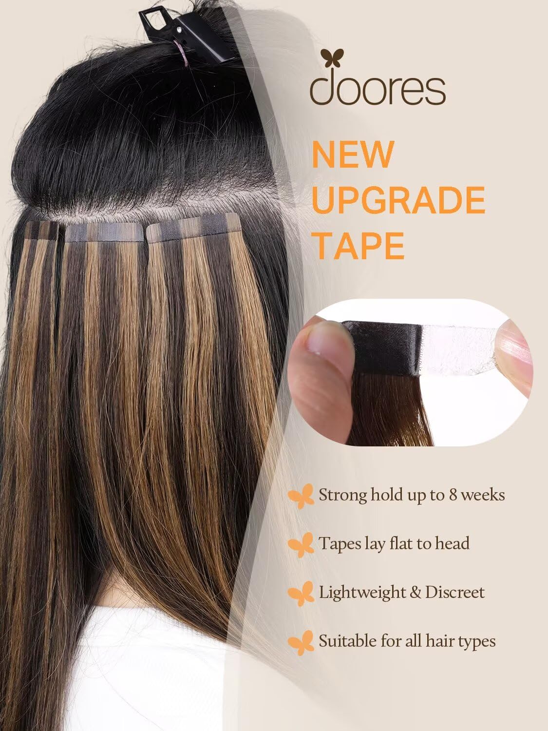 DOORES Tape in Human Hair Extensions - Balayage Dark Brown to Chestnut Brown, 18 Inch, 50g 20pcs, Remy Straight Hair Skin Weft Natural Look