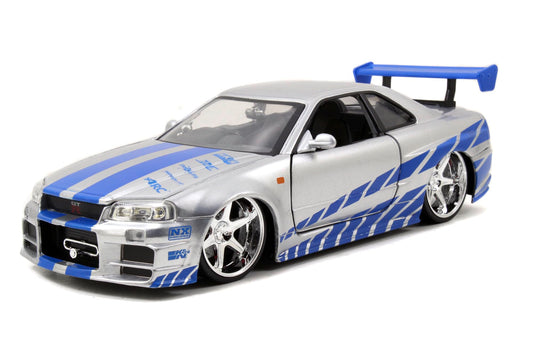 Jada Toys Fast & Furious Brian’s 2002 Nissan Skyline R34 Die-cast Car, 1:24 Scale, Silver & Blue