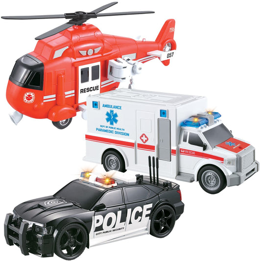 Vokodo 3-Pack City Guardians Friction Vehicles Toy Set – Fire Rescue Helicopter, Police Car & Ambulance Truck for Kids Ages 3-6