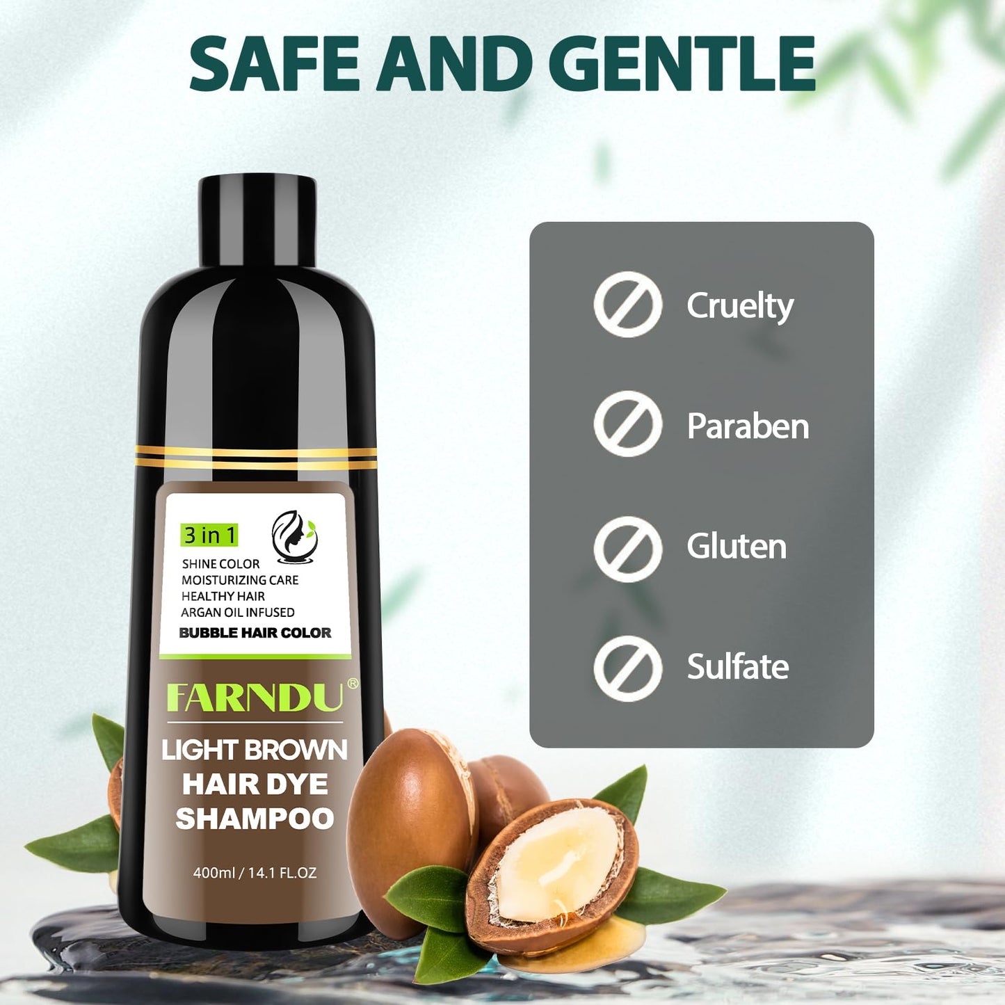 FARNDU 3-in-1 Light Brown Hair Dye Shampoo with Argan Oil – Covers Gray in 10-15 Min, Long-Lasting Natural Color for Men & Women, Up to 6 Months