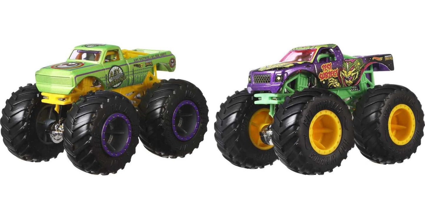 Hot Wheels Monster Trucks 2-Pack, Demolition Doubles Set of 2 Toy Vehicles in 1:64 Scale, for Kids & Collectors (Styles May Vary)