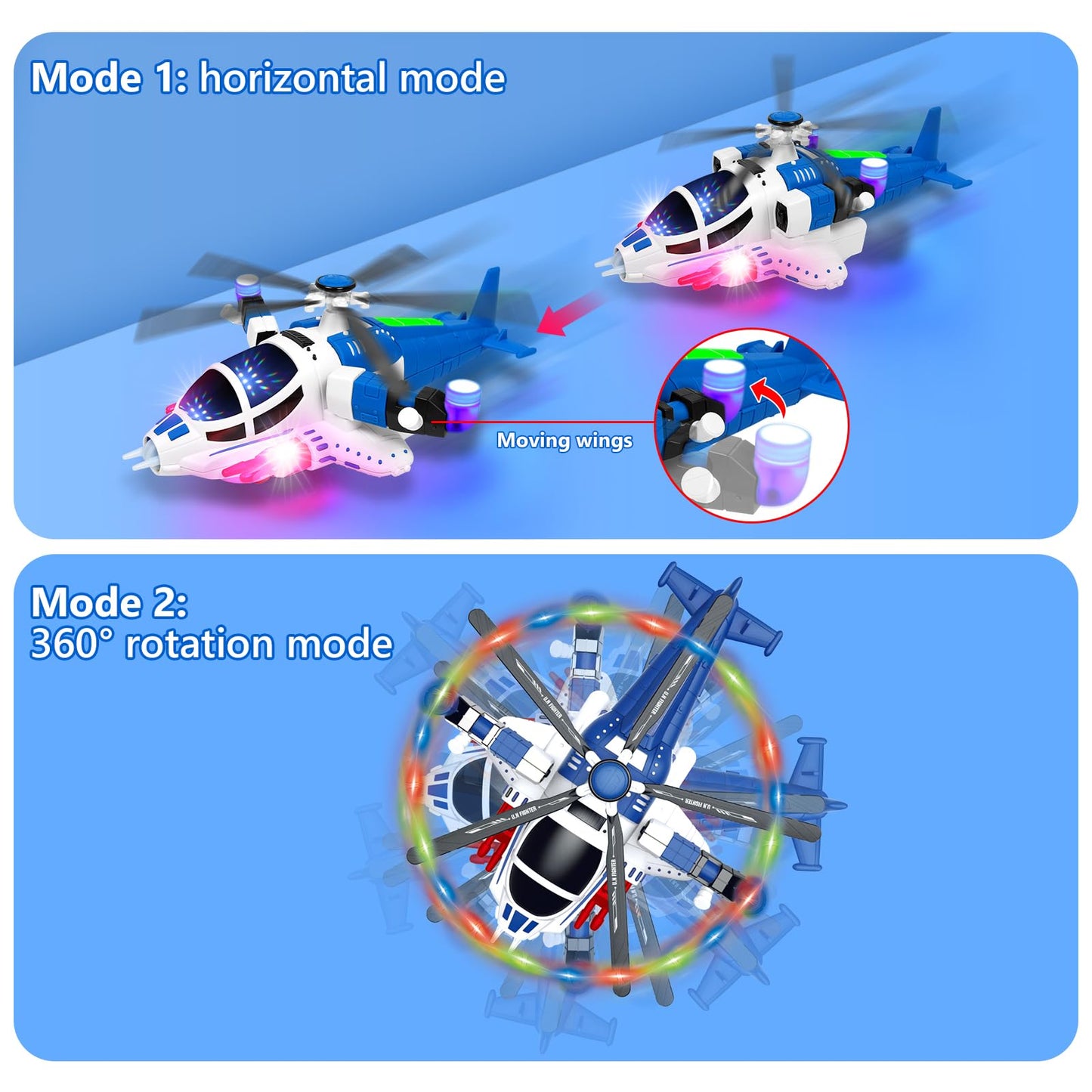 Toddler Helicopter Toy with Lights & Sounds, 360° Spin, Automatic Bump Action, Sensory Airplane for Boys & Girls Ages 1-5 (Blue)