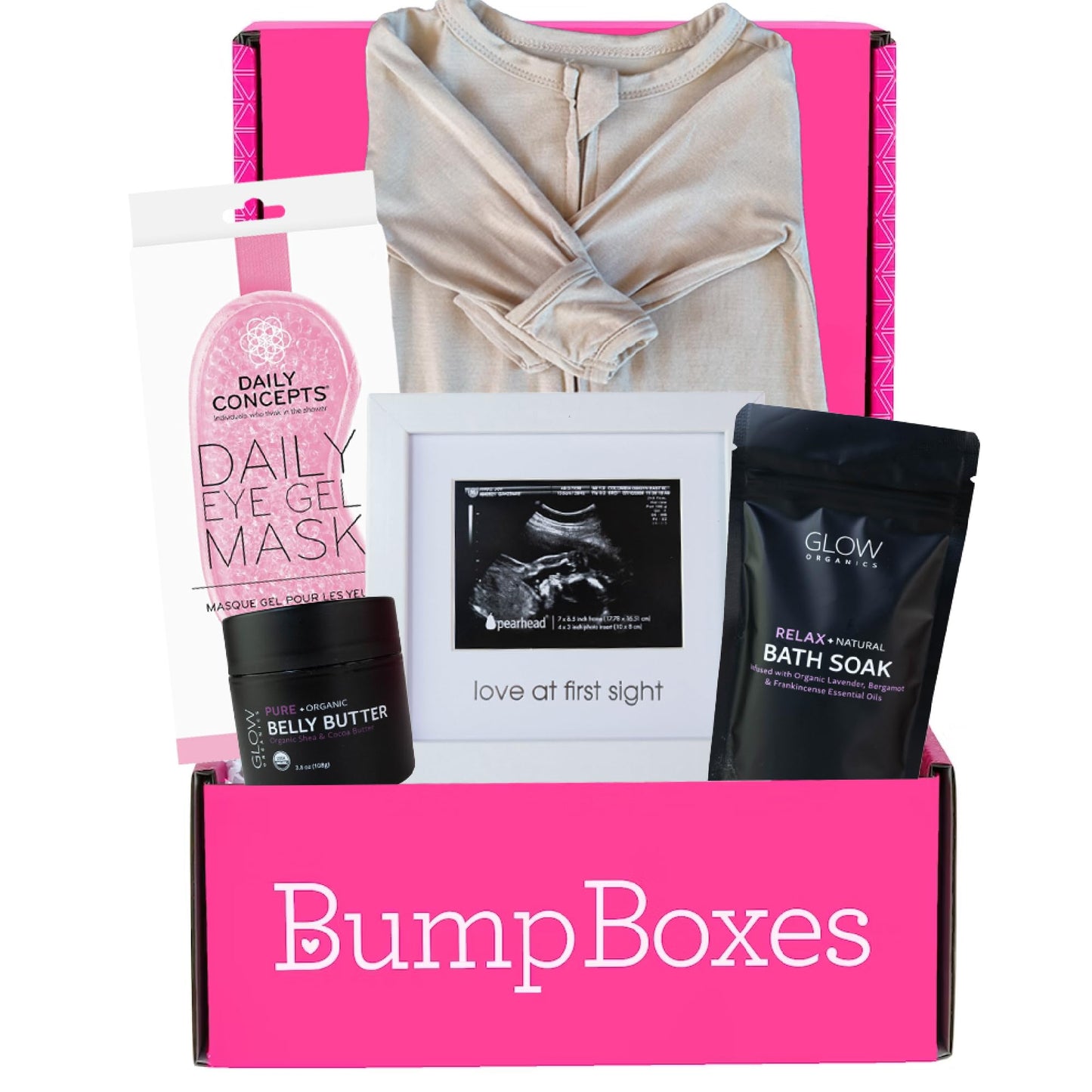 Bump Boxes 2nd Trimester Gift Set, Complete Pregnancy Care Package with Belly Butter, Bath Soak, Baby Footed Sleeper, Sonogram Frame and Eye Mask