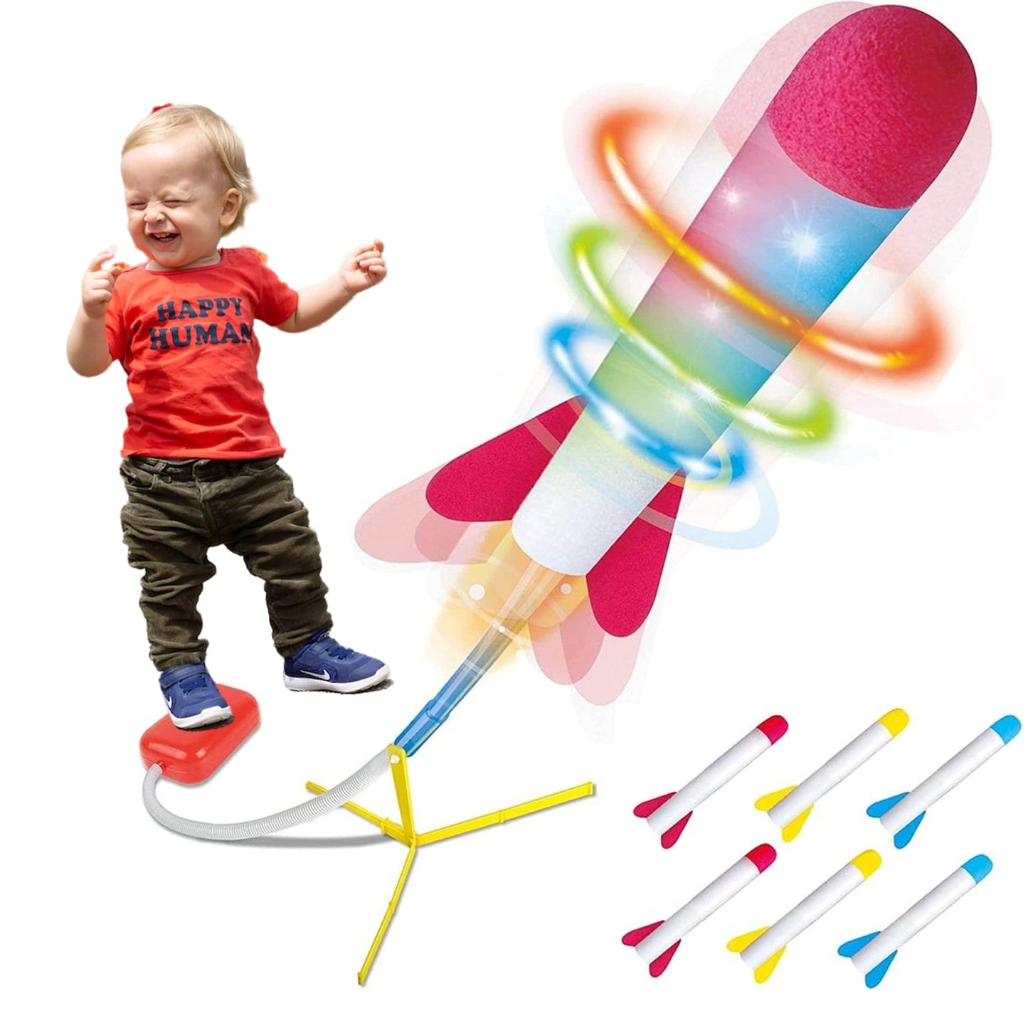 Play22 Kids Rocket Launcher Toy with LED Lights – Shoots 100+ ft, Includes 6 Foam Rockets in 3 Colors, Outdoor Fun Gift for Ages 3+