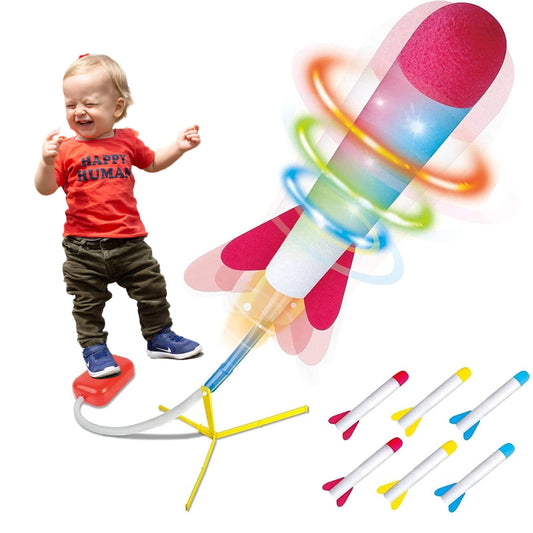 Play22 Kids Rocket Launcher Toy with LED Lights – Shoots 100+ ft, Includes 6 Foam Rockets in 3 Colors, Outdoor Fun Gift for Ages 3+