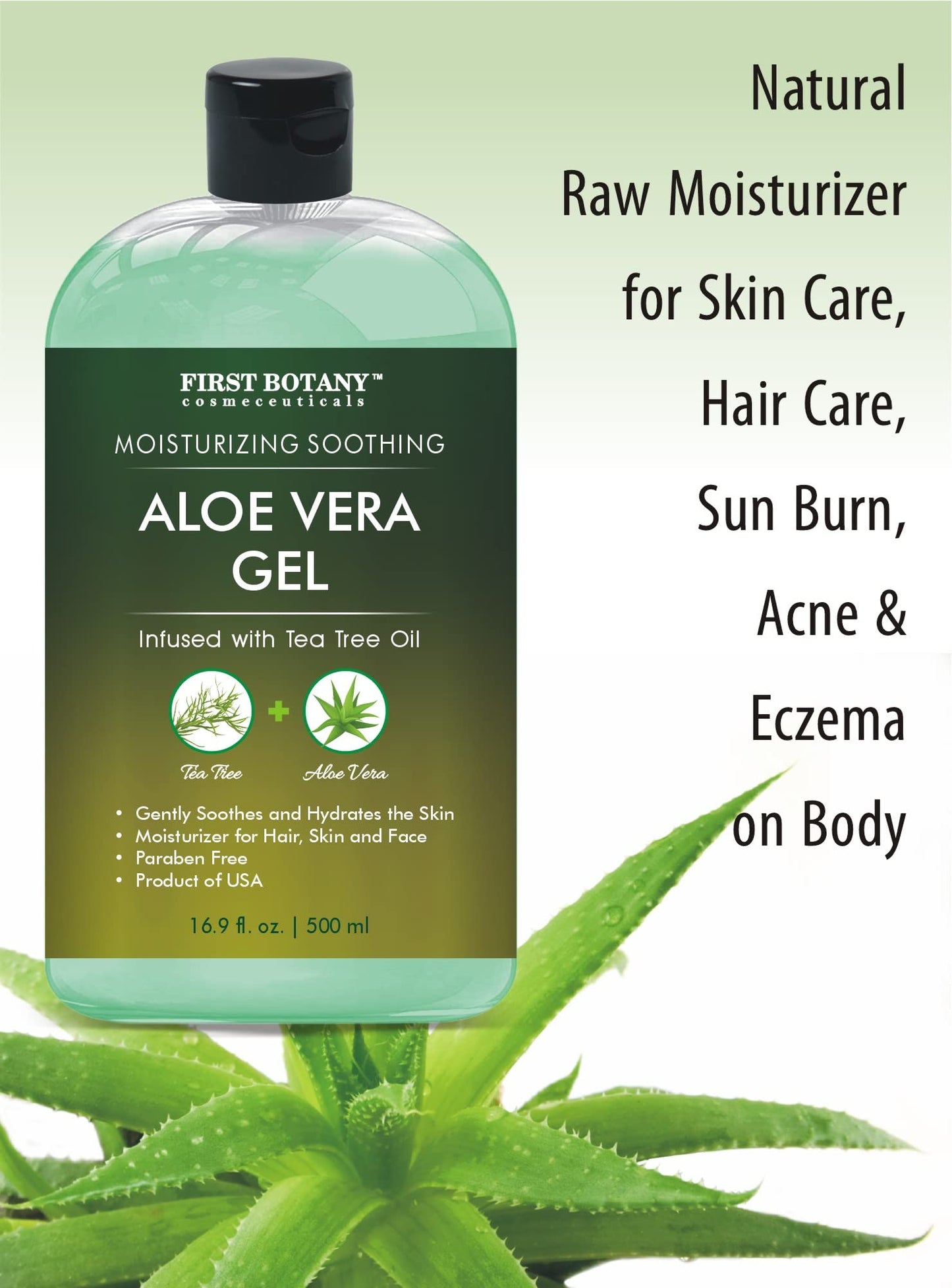 First Botany Aloe Vera Gel with Tea Tree Oil – 100% Pure Natural Moisturizer for Skin, Hair, Sunburn, Acne, Eczema & Hand Sanitizing – 16.9 fl oz
