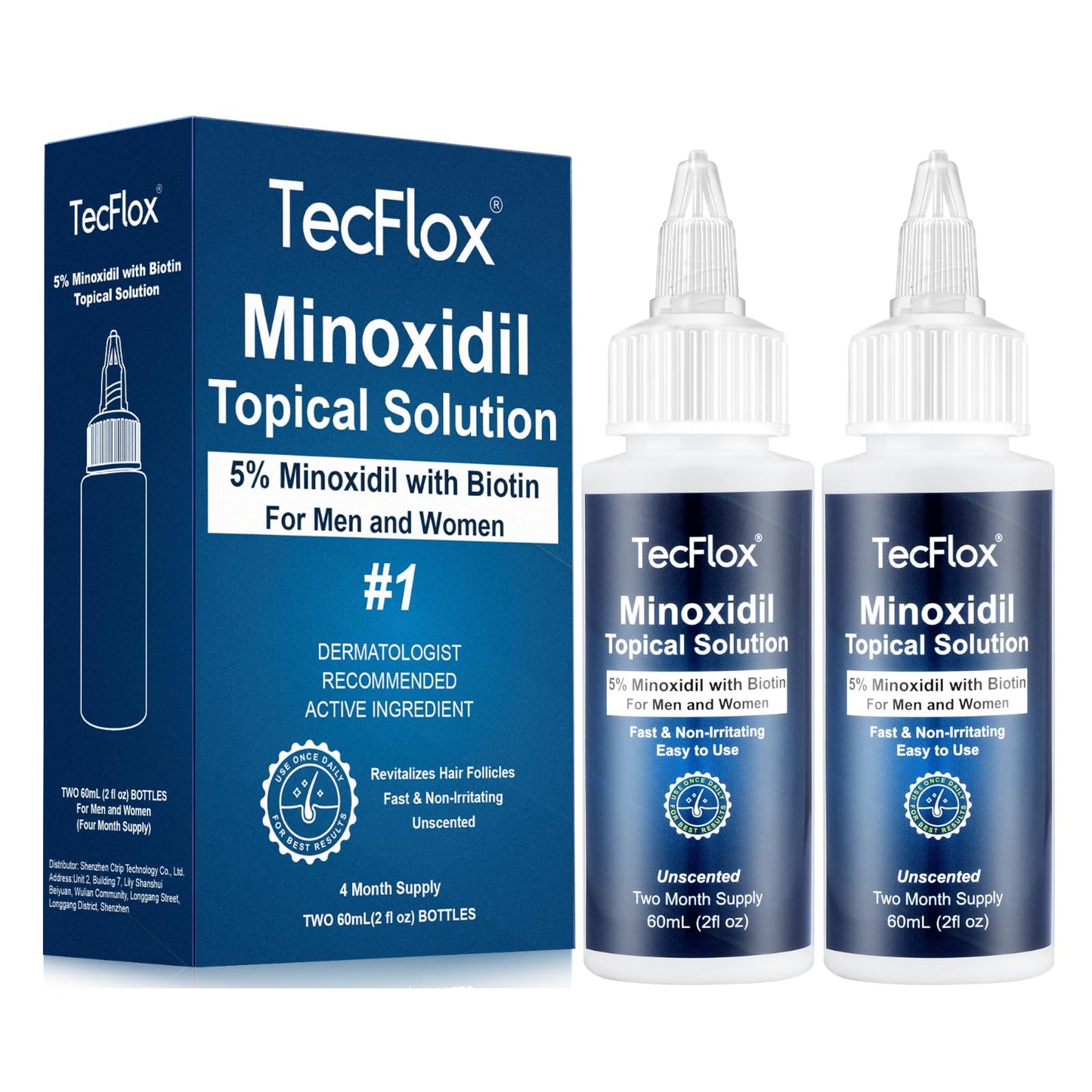 TecFlox 5% Minoxidil with Biotin for Men & Women | Beard & Hair Growth Serum | Unisex 2-Pack (4 fl oz, 4-Month Supply)