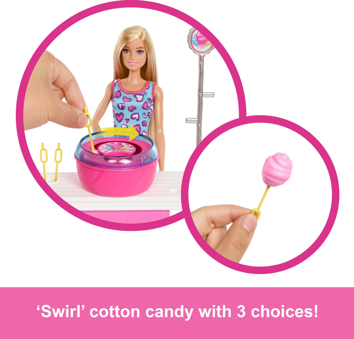 Barbie Mysteries: Beach Detectives Malibu” Doll & Cotton Candy Game Booth Playset with 20 Accessories Including Prizes