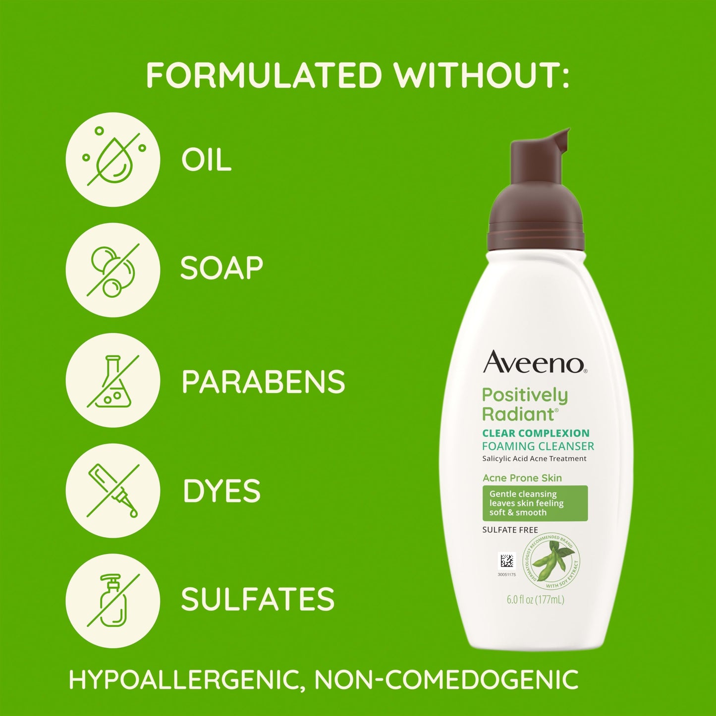 Aveeno Clear Complexion Foaming Oil-Free Face Wash with Soy & 0.5% Salicylic Acid, Acne Treatment for Sensitive, Acne-Prone Skin, 6 fl. oz