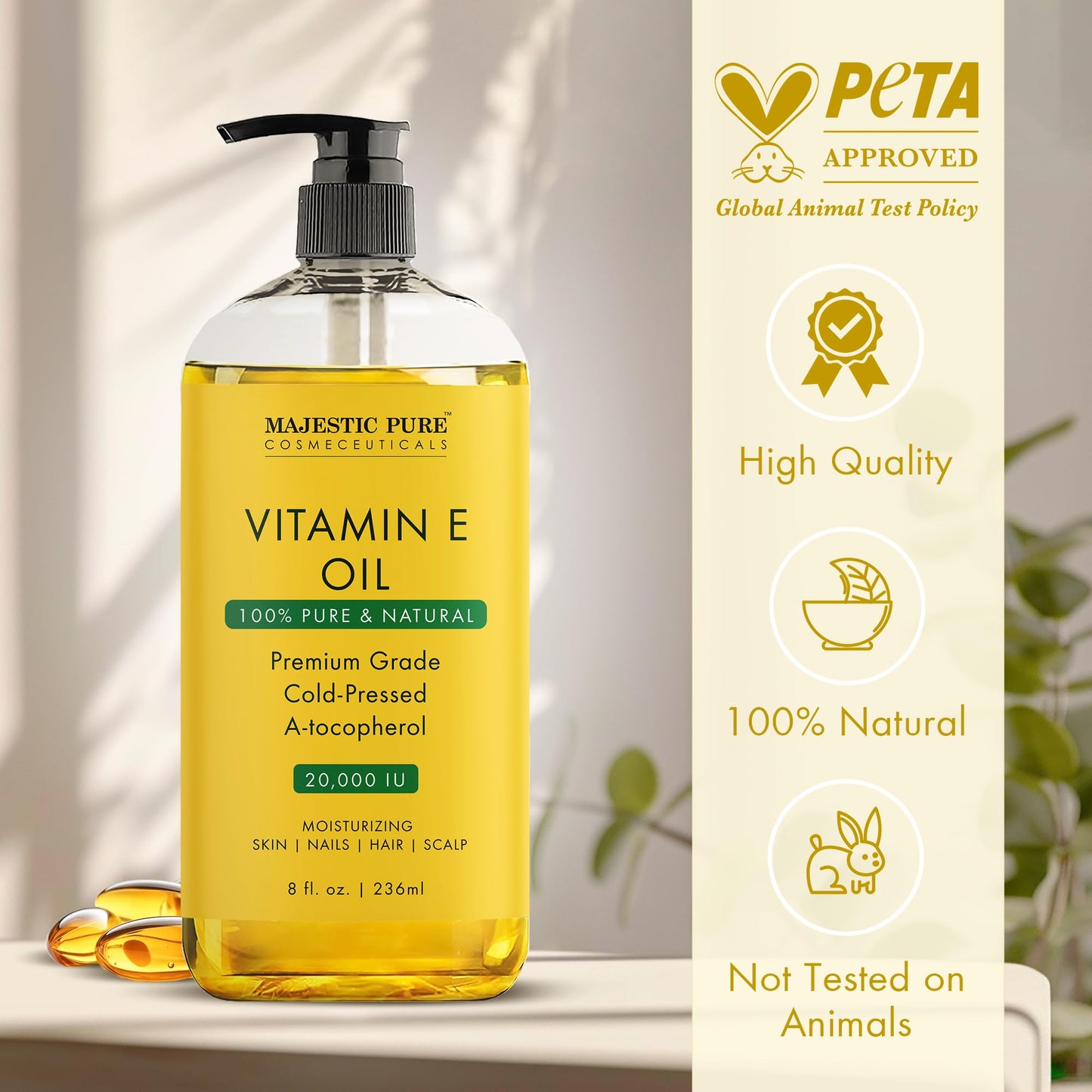 Majestic Pure Vitamin E Oil 20,000 IU - 100% Pure, Natural, Cold-Pressed, Tocopherol for Dry Skin, Hair & Scalp, 8 Fl Oz