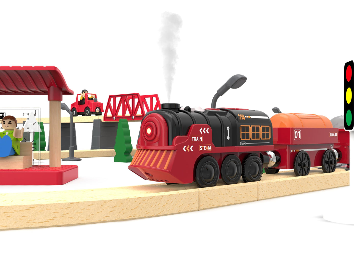 Electric Toy Train Set for Wooden Tracks – Battery Operated Christmas Train with Lights, Sounds & Smoke, Compatible with Thomas & Brio