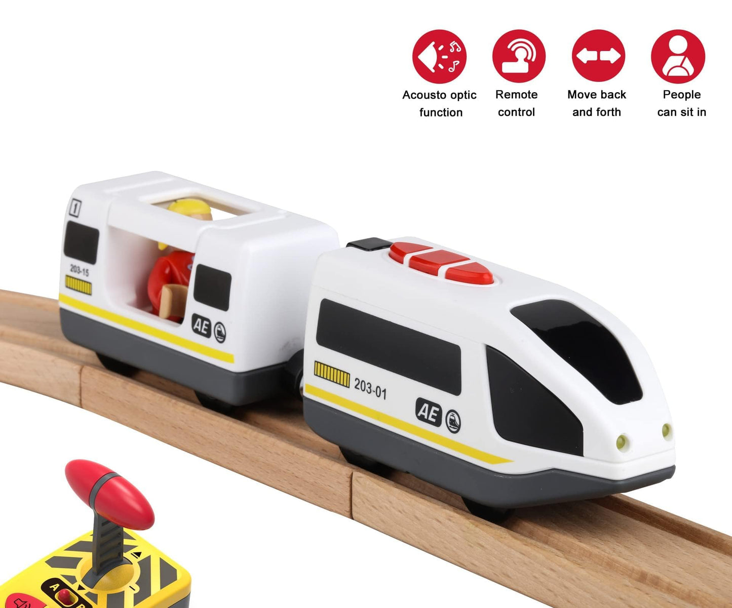 Z MAYABBO Remote Control Wooden Train Set – Battery Operated Locomotive & Cars, Fits All Major Wooden Tracks, Powerful Engine for Kids