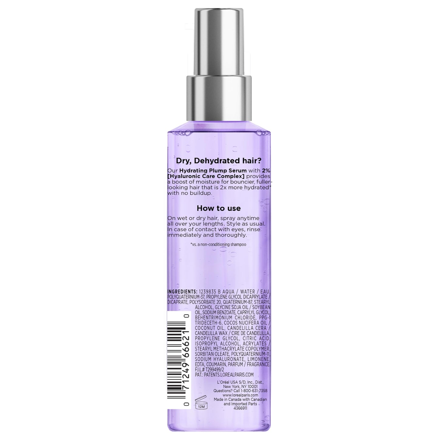 L'Oreal Paris Elvive Hyaluron Plump Moisture Plump Hair Serum for Dehydrated, Dry Hair with Hyaluronic Acid Care Complex, Paraben-Free, 4.4 Fl Oz