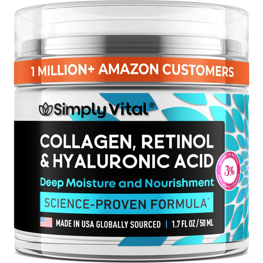 SimplyVital Collagen Retinol & Hyaluronic Acid Cream - Anti-Aging Face, Neck & Décolleté Moisturizer, Day & Night, 1.7 fl oz