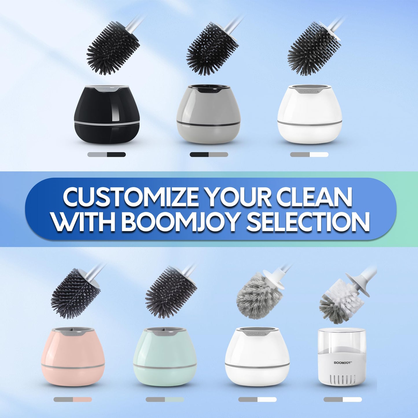 BOOMJOY Silicone Toilet Brush and Holder Set, Bathroom Cleaning Kit with Tweezers & Aluminum Handle – White