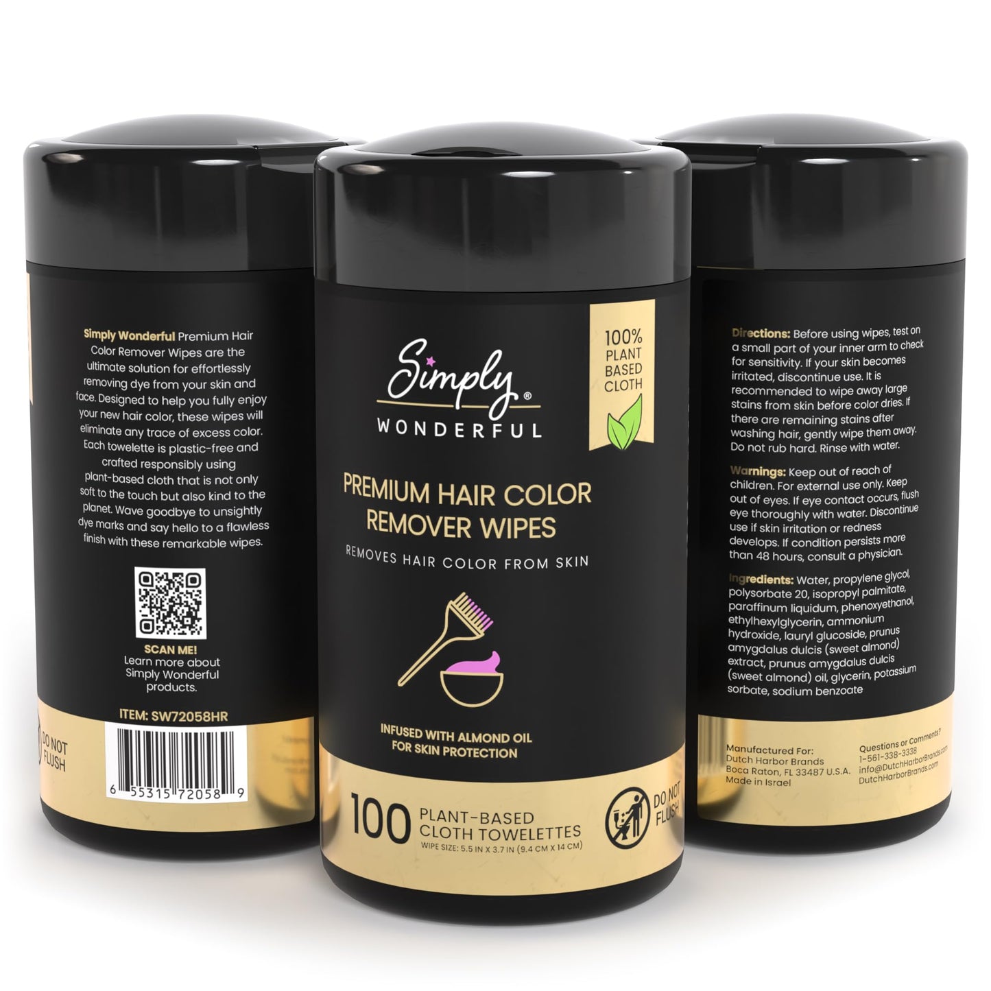 Simply Wonderful Hair Color Remover Wipes for Face & Skin – 100 Count Plant-Based Towelettes with Almond Oil, Gentle & Non-Irritating Cleanser