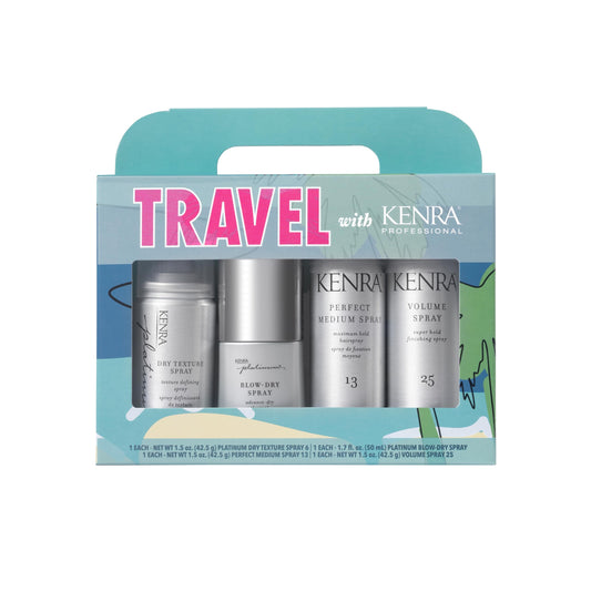 Kenra Professional Travel Haircare Kit | Volume, Blow-Dry, Dry Texture & Medium Hold Spray | Adds Shine, Body & Smooth Finish | 4 Pc Set