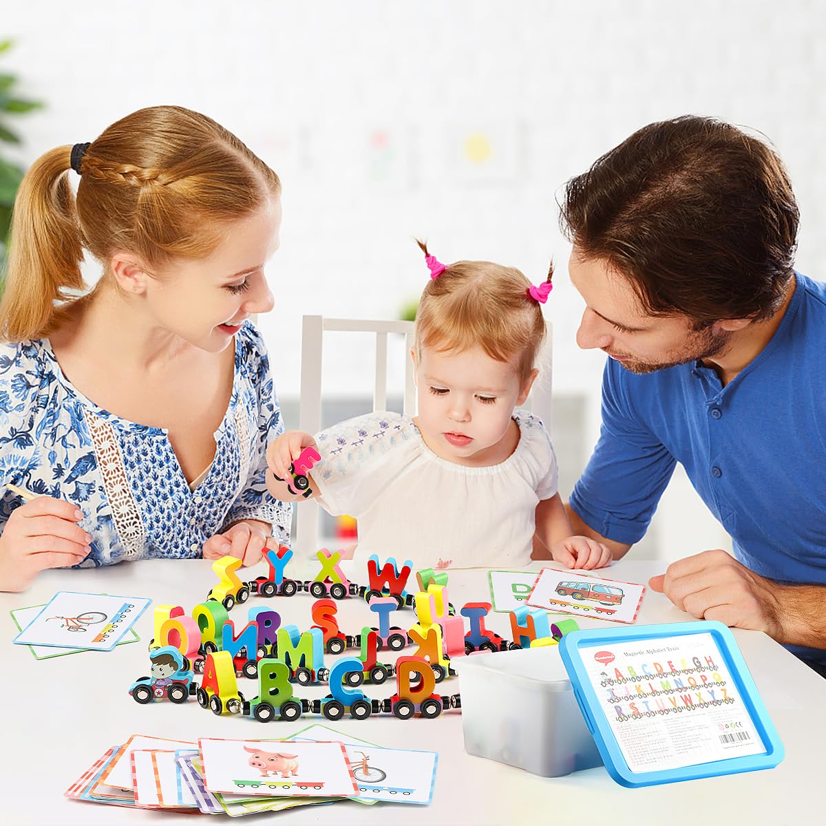 Wondertoys Wooden Alphabet Train Toy 27PCS Magnetic ABC Letters with 42 Flash Cards, Engine & Storage Box for Toddlers & Kids