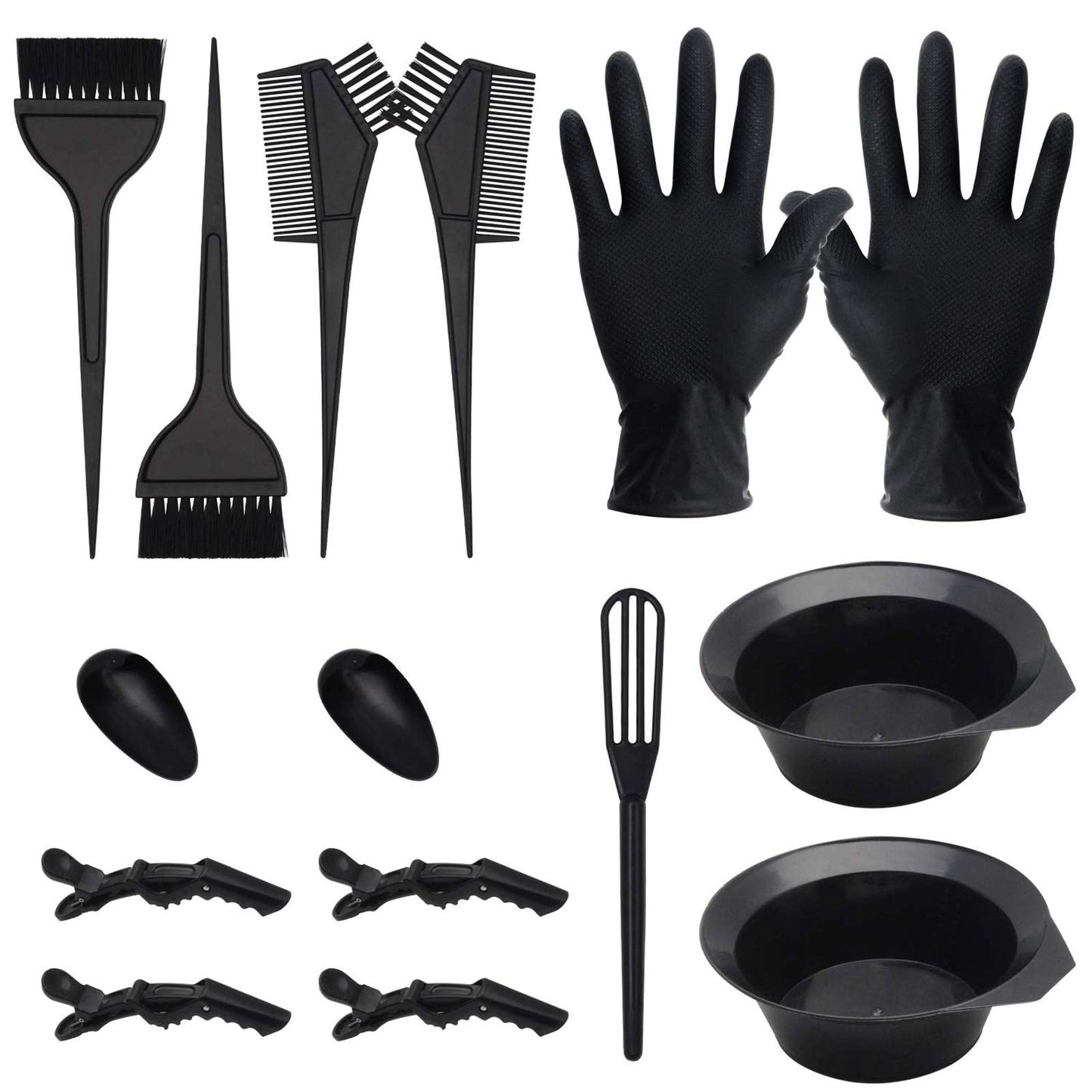 15 Pcs Hair Dye Coloring Kit (Black) – DIY Salon Set with Tint Bowl, Brush, Mixing Spoon, Gloves, Comb, Ear Covers & Bleaching Tools