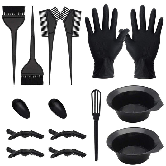 15 Pcs Hair Dye Coloring Kit (Black) – DIY Salon Set with Tint Bowl, Brush, Mixing Spoon, Gloves, Comb, Ear Covers & Bleaching Tools