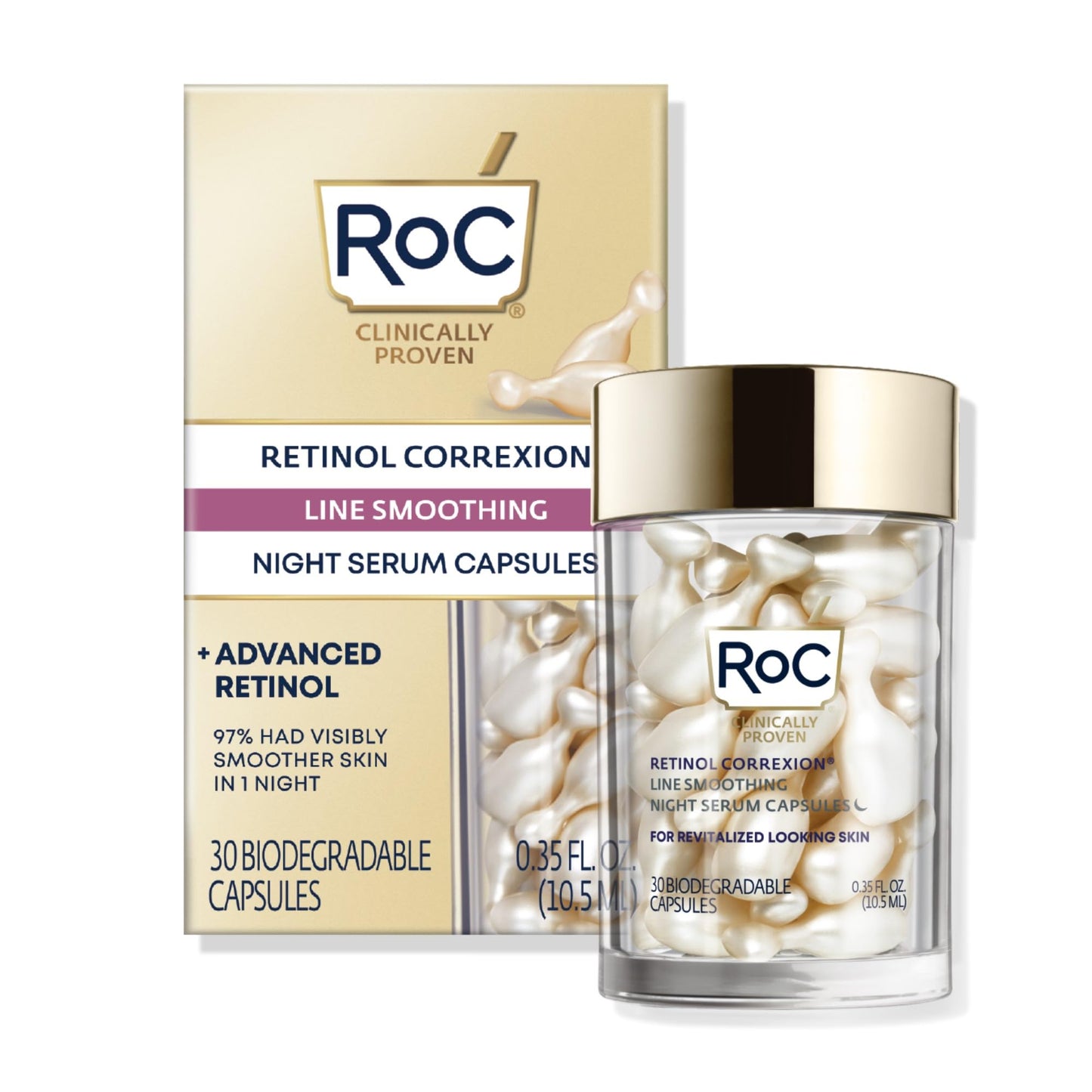 RoC Retinol Correxion Anti-Aging Night Serum - Daily Face Treatment for Wrinkles, Fine Lines & Post-Acne Scars, 30 Unscented Capsules, 0.35 fl oz