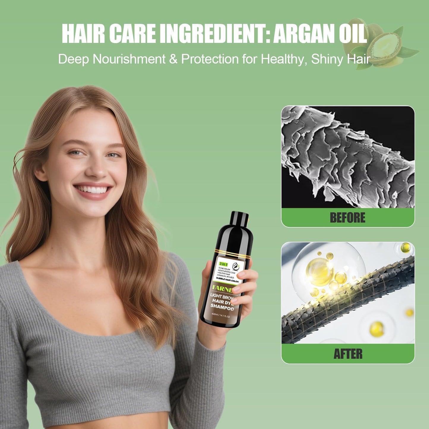 DYEING 221 BC FARNDU Light Brown Hair Dye Shampoo for Gray Hair Coverage - 3 In 1 Natural Hair Color Shampoo for Women & Men, Champu Para Canas Mujer