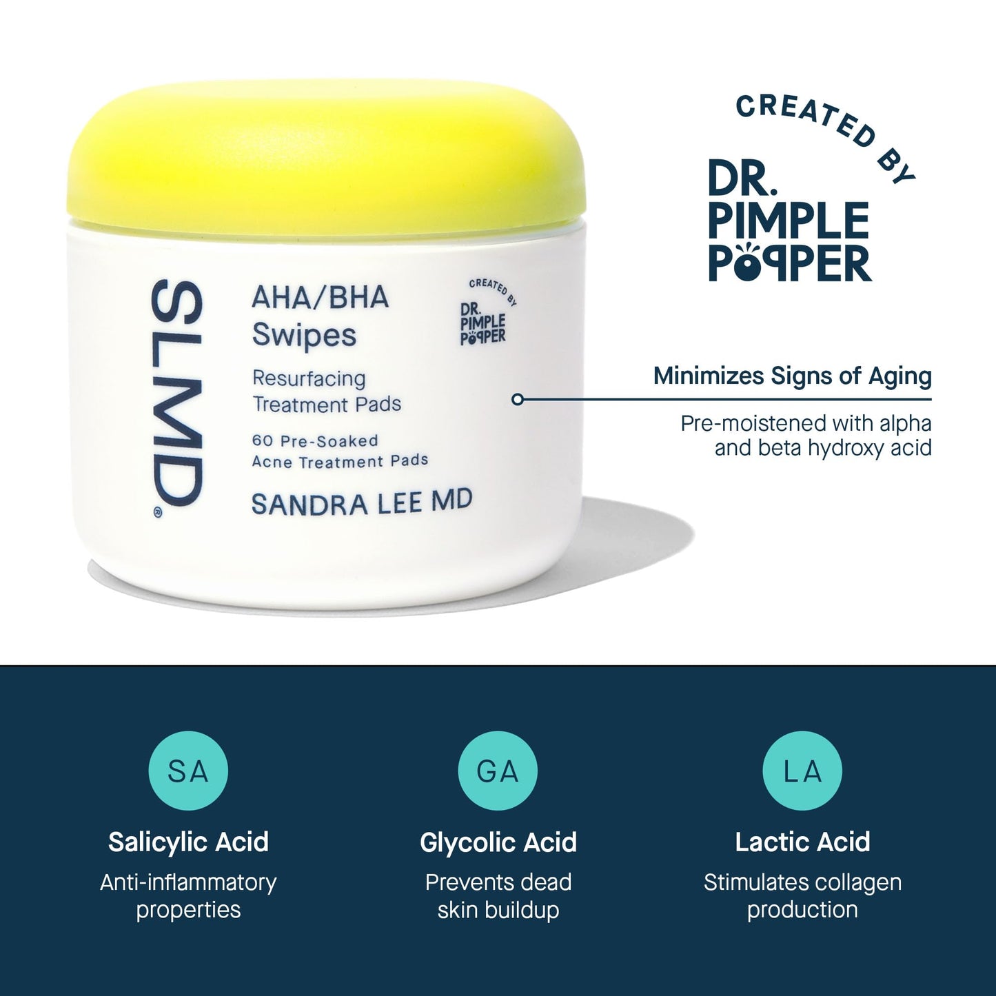 SLMD by Dr. Pimple Popper AHA BHA Toner Pads with Salicylic, Glycolic & Lactic Acid – Daily Face & Body Exfoliating Acne Treatment