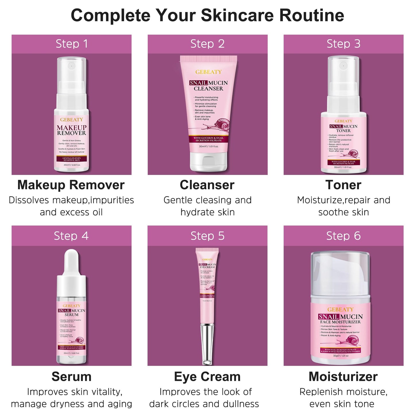 Korean Snail Mucin Skincare Set – 6 Pcs Anti-Aging, Hydrating & Repairing Glass Skin Kit for Dull, Dry Skin – Gift Set for Women & Teens