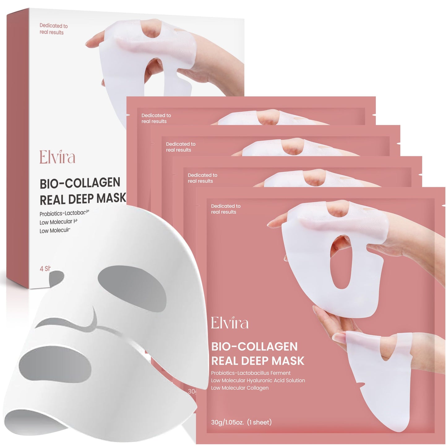 Elvira Bio-Collagen Face Mask 4-Pack – Deep Hydrating Overnight Korean Skincare Mask for Women, Firming, Moisturizing & Facial Treatment