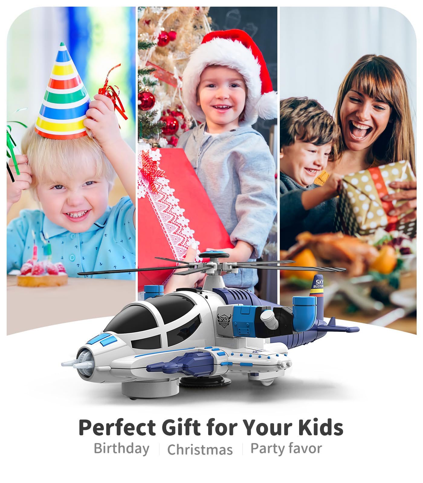 Geyiie Blue Helicopter Toy for Kids with Lights & Sounds, 360° Flying, Auto-Steering Airplane, Birthday Party Favor Gift for Boys