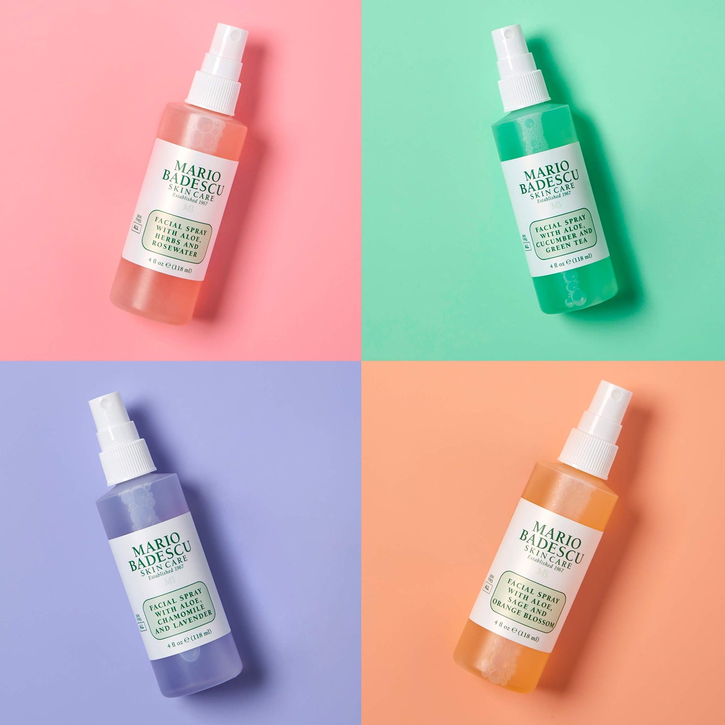 Mario Badescu Mini Facial Spray Set – Rose, Cucumber, Lavender & Orange Blossom, Hydrating & Cooling Mist for All Skin Types, 2oz (4-Pack)