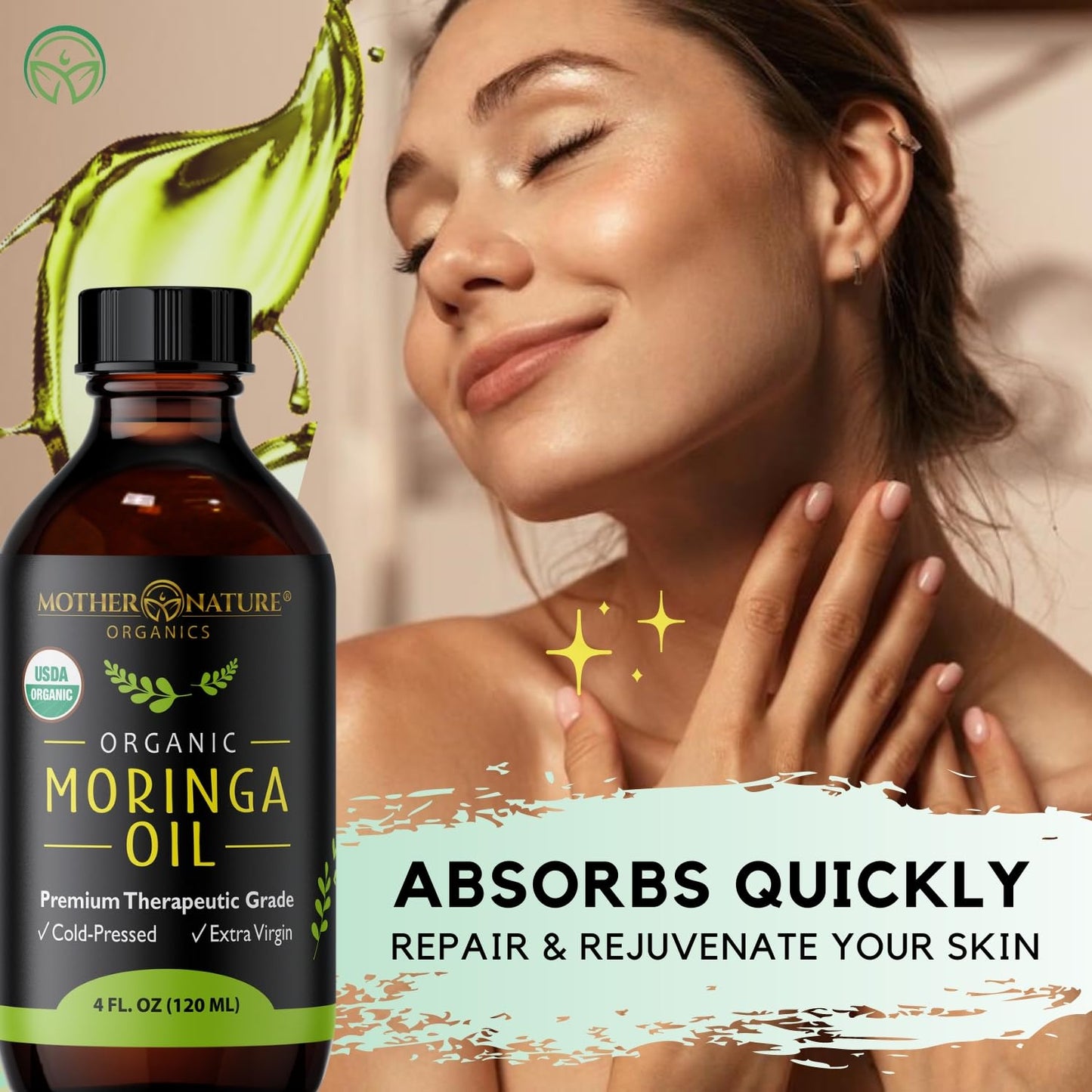 Mother Nature USDA Organic Moringa Seed Oil, 100% Pure Cold-Pressed, Unrefined, Anti-Aging Face, Skin & Hair Care, Non-GMO, 4oz