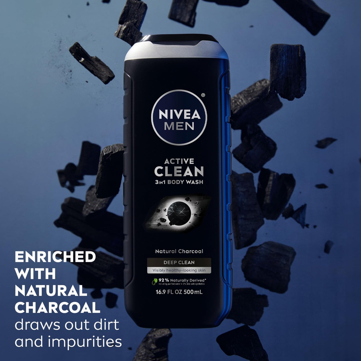 NIVEA Men Active Clean 3-in-1 Charcoal Body Wash for Face, Hair & Body, 16.9 Fl Oz, Deep Cleansing for Normal to Oily Skin – Pack of 3