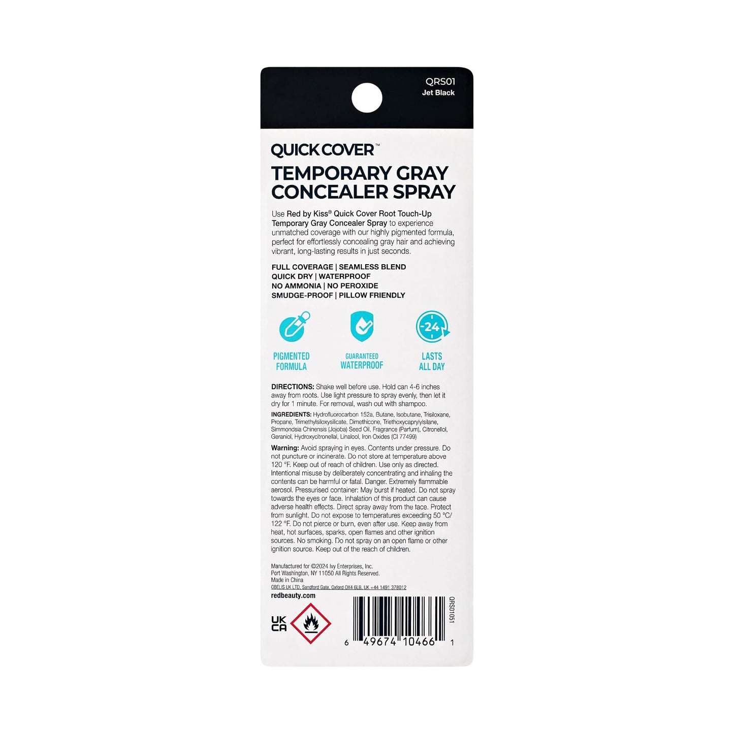 Red by Kiss Quick Cover Root Touch-Up Spray Jet Black 2oz | Waterproof, Smudge-Proof, Quick-Dry Gray Coverage with Jojoba Oil, Travel-Friendly