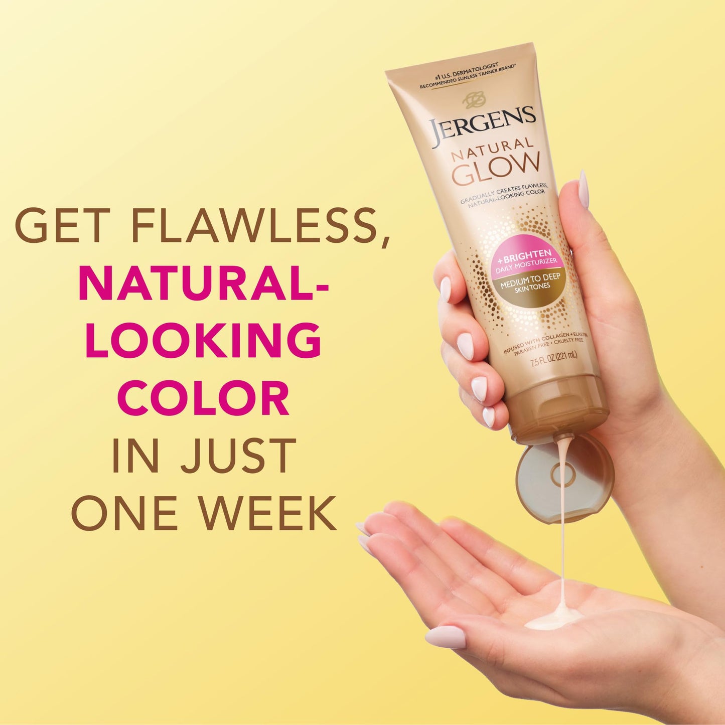 Jergens Natural Glow Self-Tanner Lotion – Sunless Tanning for Medium to Deep Skin, Daily Moisturizer with Coconut Oil, Vitamin E & Antioxidants, 7.5 oz