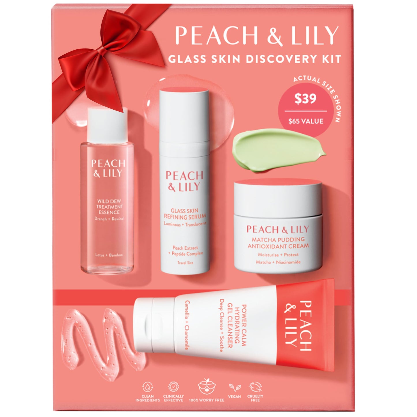 Peach & Lily Glass Skin Discovery Kit – 4-Piece Korean Skincare Set with Cleanser, Essence, Serum & Cream – Acne Routine, Travel, Vegan, Cruelty-Free