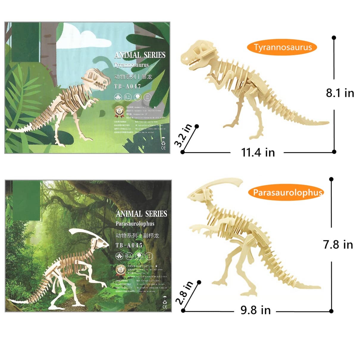 3D Wooden Dinosaur Puzzle - 6 Piece Set Wood Dinosaur Skeleton Model Puzzle - DIY Wooden Crafts 3D Puzzle - STEM Toys Brain Teaser Puzzle Gifts