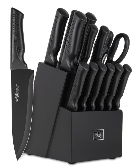 15-Piece Kitchen Knife Set with Block – Self-Sharpening, Dishwasher Safe, Anti-Slip Handles, Includes 6 Steak Knives, Black