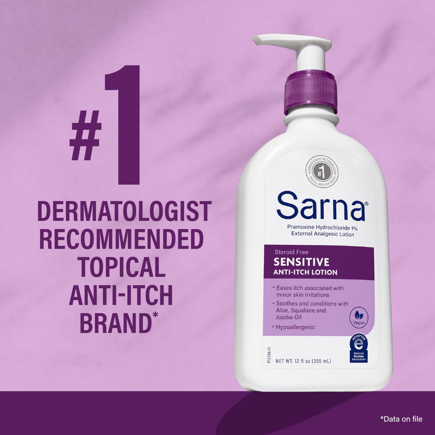 Sarna Sensitive Anti-Itch Lotion – Steroid & Fragrance-Free, Vegan, Hypoallergenic, Eczema-Friendly with 1% Pramoxine Hydrochloride, 12 oz