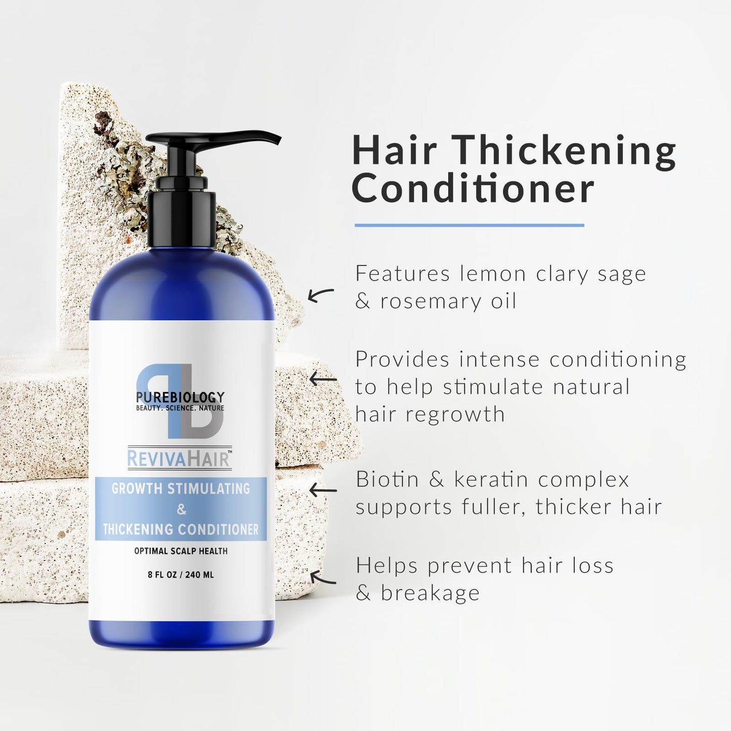 Pure Biology 8 Fl Oz Biotin Volumizing Hair Conditioner with Coconut, Argan & Rosemary Oils for Thinning and Dry Hair