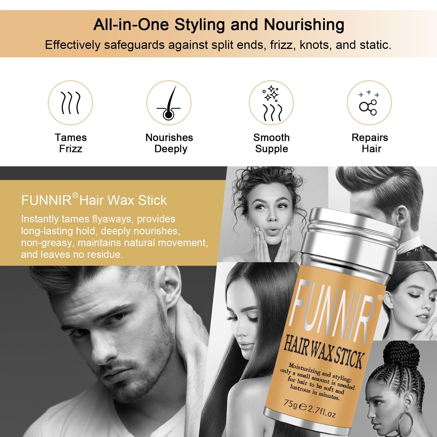 FUNNIR Hair Wax Stick for Slick, Frizzy Hair and Edge Control,Bun Maker & Styling Waxes for Kids & Women & Men