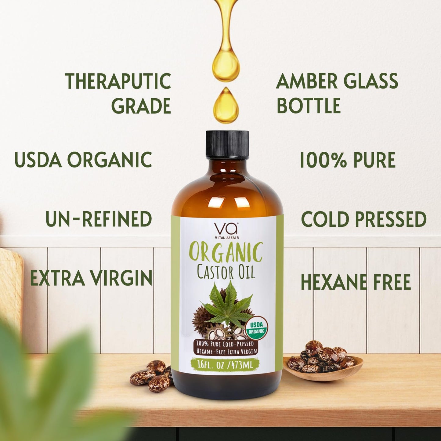 VITAL AFFAIR Organic Castor Oil 16oz – 100% Pure, Cold Pressed & Unrefined – USDA Certified – For Hair Growth, Eyelashes, Eyebrows & Castor Oil Pack
