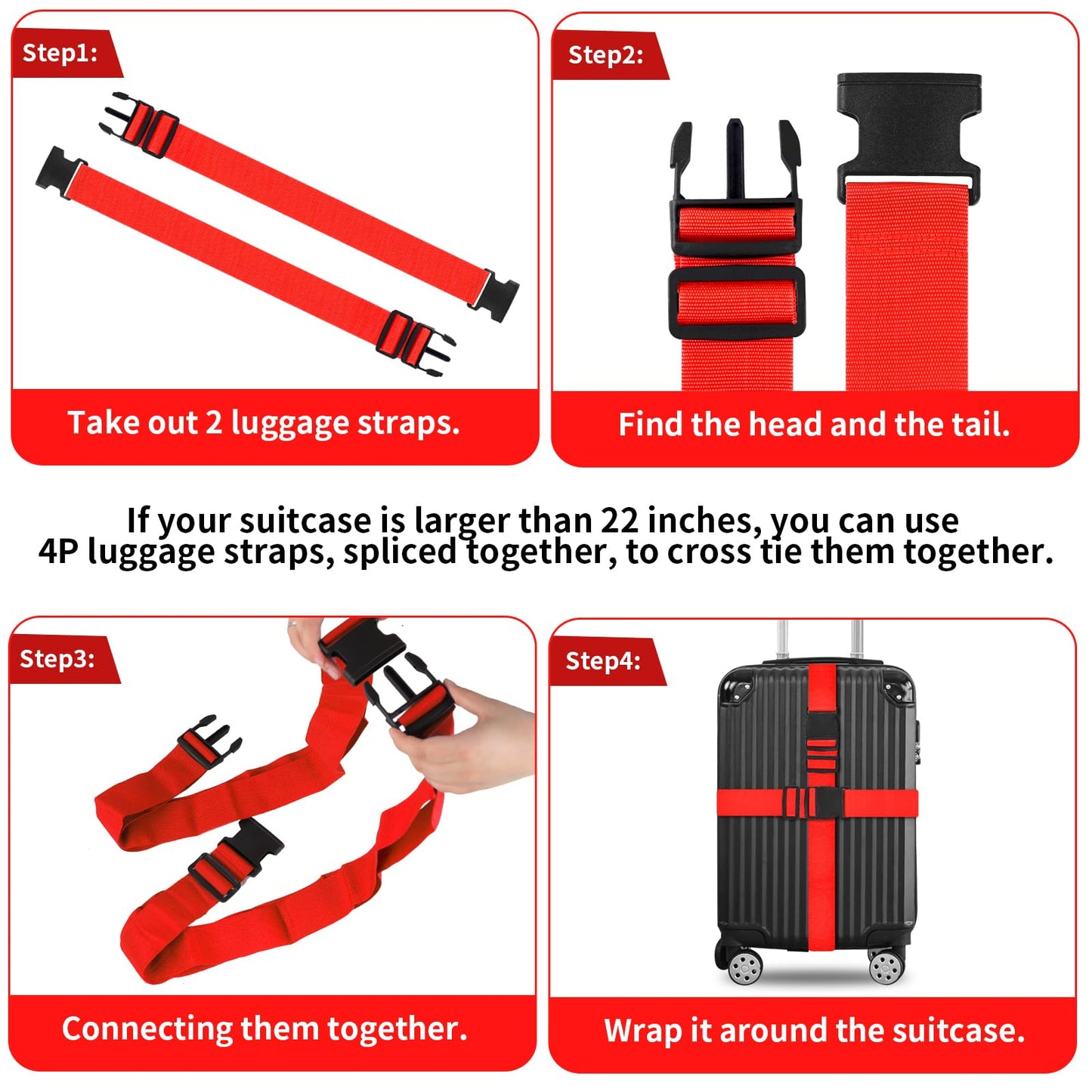 vivinin 4 Pack Luggage Straps – Adjustable Travel Luggage Belts with Buckle Closure for Suitcase Security and Bag Closure (Red)